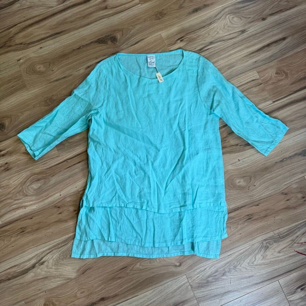 NWT Match Point Womens Turquoise Linen 3/4 Sleeve Layered Hem Tunic Dress Large